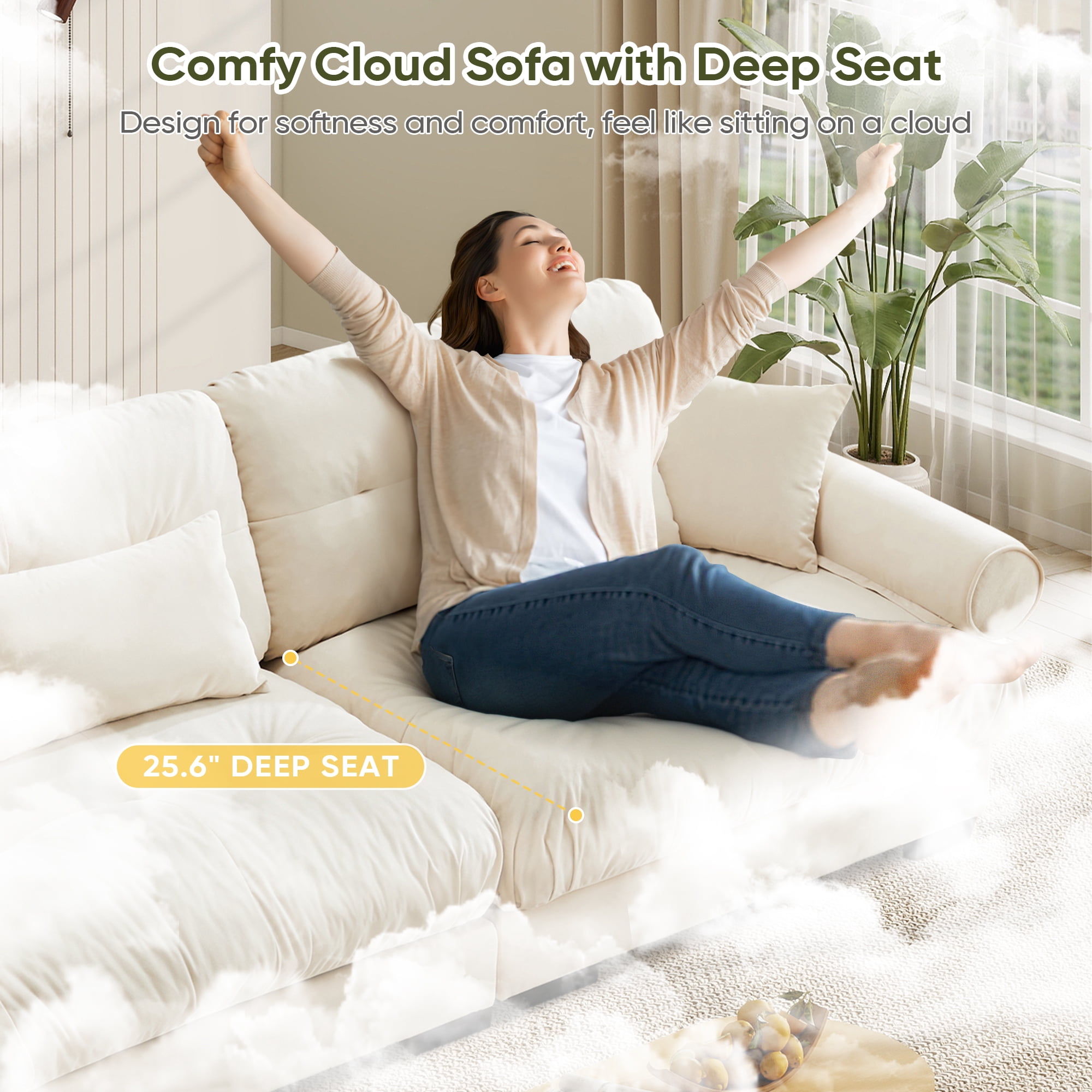 FFH Couches for Living Room, 166" Oversized 4 Seater Sofa, Modern Modular Sectional Sofa Cloud Sofa with Deep Seat (Velvet Beige, 4 Seater)