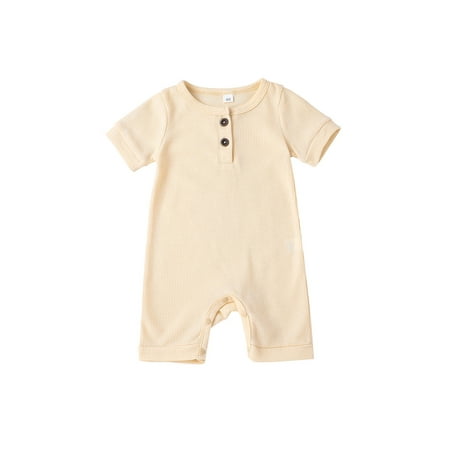 

Nokpsedcb Infant Baby Boy Girl Romper Summer Kid Short Sleeve Round Neck Solid Color Rib Buttoned Shorts Apricot 3-6 Months