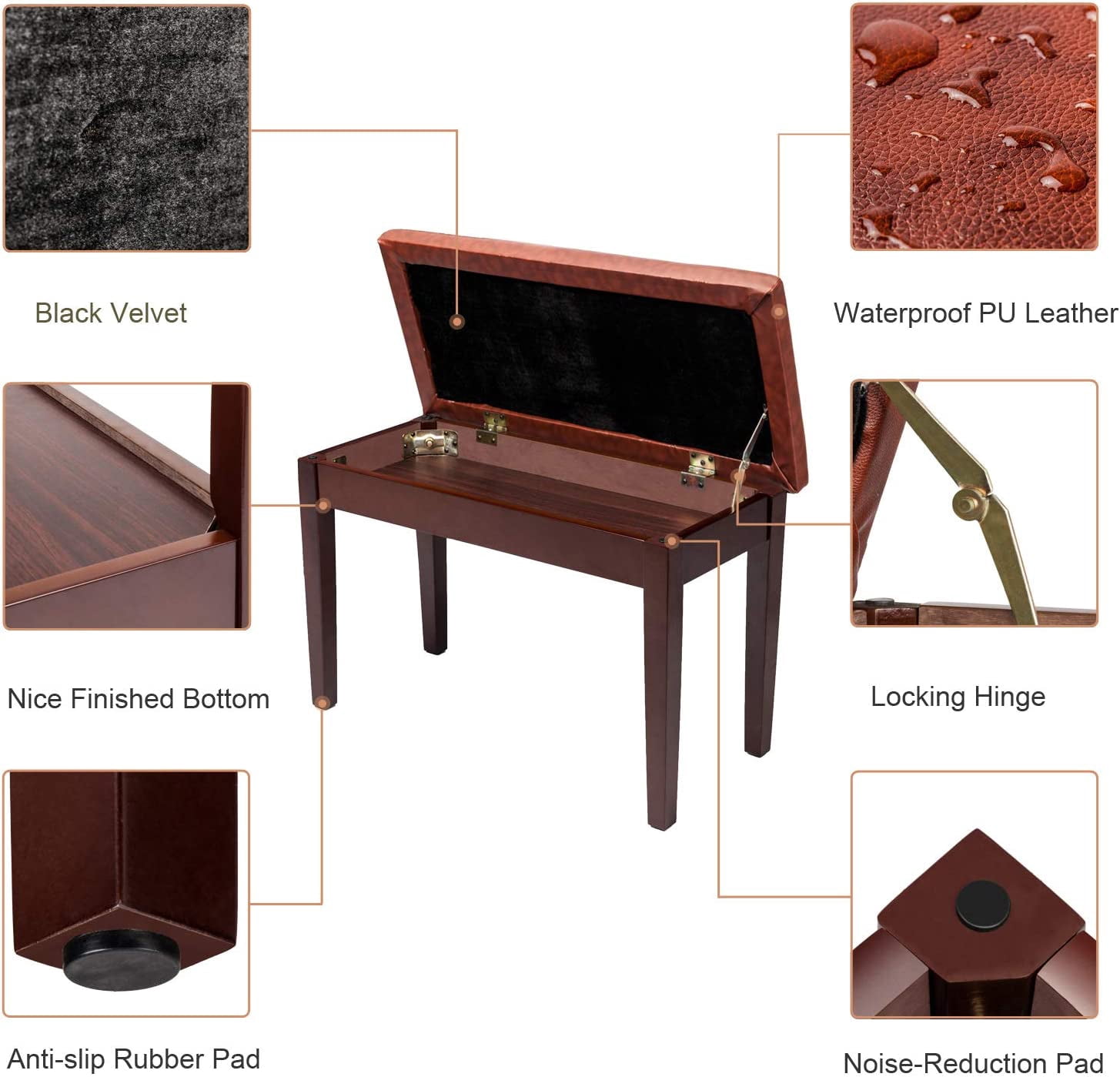 MorandiMal Duet Piano Bench with Storage Compartment and Thick Cushion Hinged top Artist Duet Seat