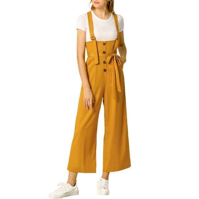 INSPIRE CHIC Combinaison Salopette Droite pour Femme à Boutons devant, Taille Haute, Ceinturée, S Jaune