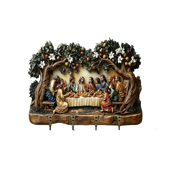 Last Supper Wall Decor Wooden Key Rack with 4 Antique Copper Hooks, 30 cm x 23 cm Resin Wood-Like Finish