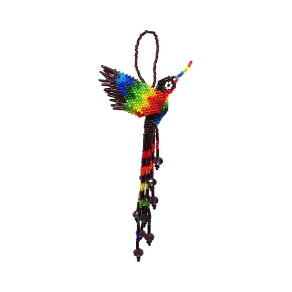 Rainbow Hummingbird Hanging Figurine Ornament Czech Glass Seed Bead Fringe Tail Dangles - Handmade Gifts Spirit Animal Boho Accessories