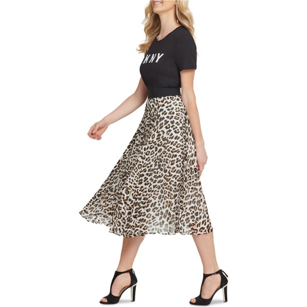 DKNY Falda a Media Pierna Estampado Animal Plisado Mujer Negro Extragrande A-line Midi
