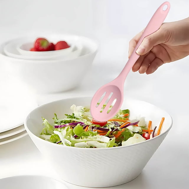 COM1950s Silicone Slotted Spoon with Long Handle,Soup Strainer for Kitchen Use,Dishwasher Safe Design and Storage Hook,Efficient Cooking Tool