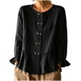 thumbnail image 2 of Womens Cotton Linen Shirts Long Sleeve Button Down Crewneck Ruffled Blouses Trendy Casual Loose Cute Comfy Tops, 2 of 5