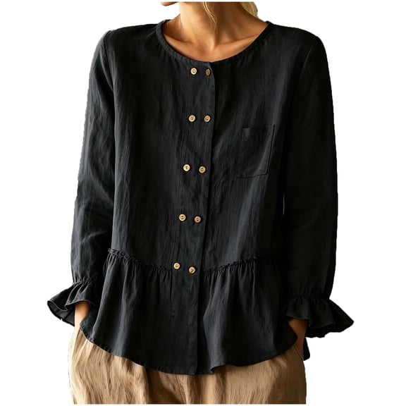 Cmfcve Peplum Blouses for Women Oversized Long Sleeve Cotton Linen Tops Trendy Button Down Shirts