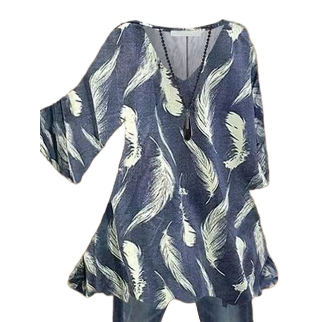 MAWCLOS Women Blouse V Neck Tops Ruched Tunic Shirt Elegant Beach Floral Print Pullover #6 3XL