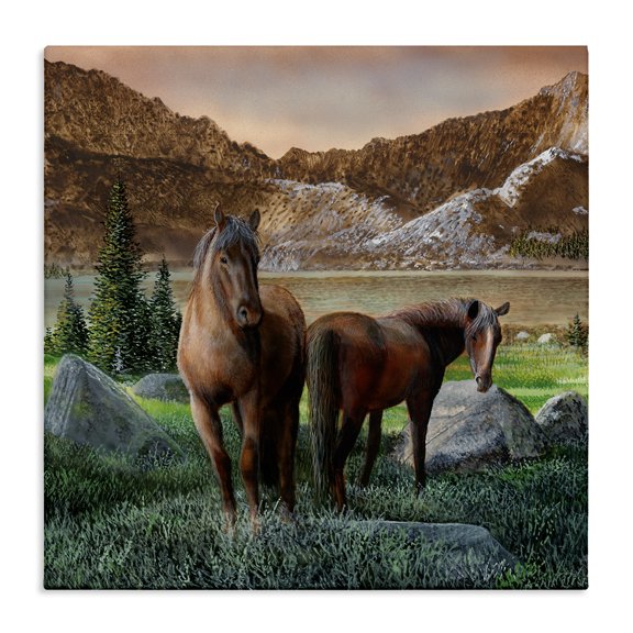 Stupell Industries Farmhouse Two Horses by Mountain Canvas Art, 17 x 17, by Kevin Daniel