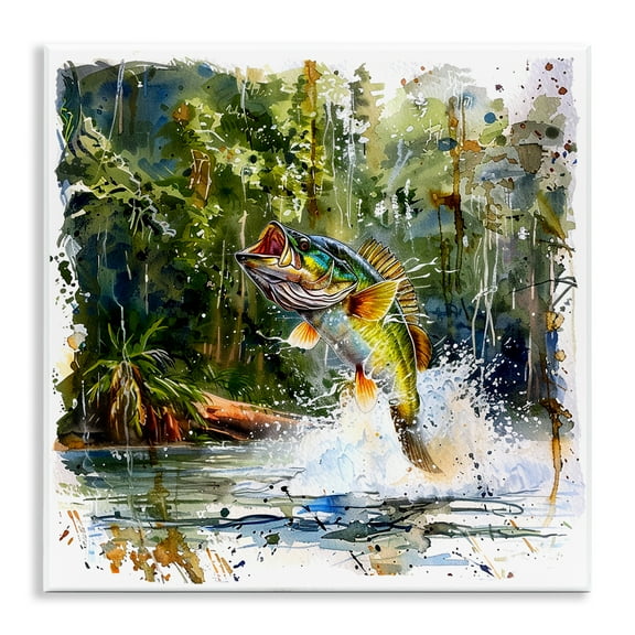 Stupell Industries Jumping Bass Splash Animals Painting Unframed Art Print Wall Art, 12 x 12