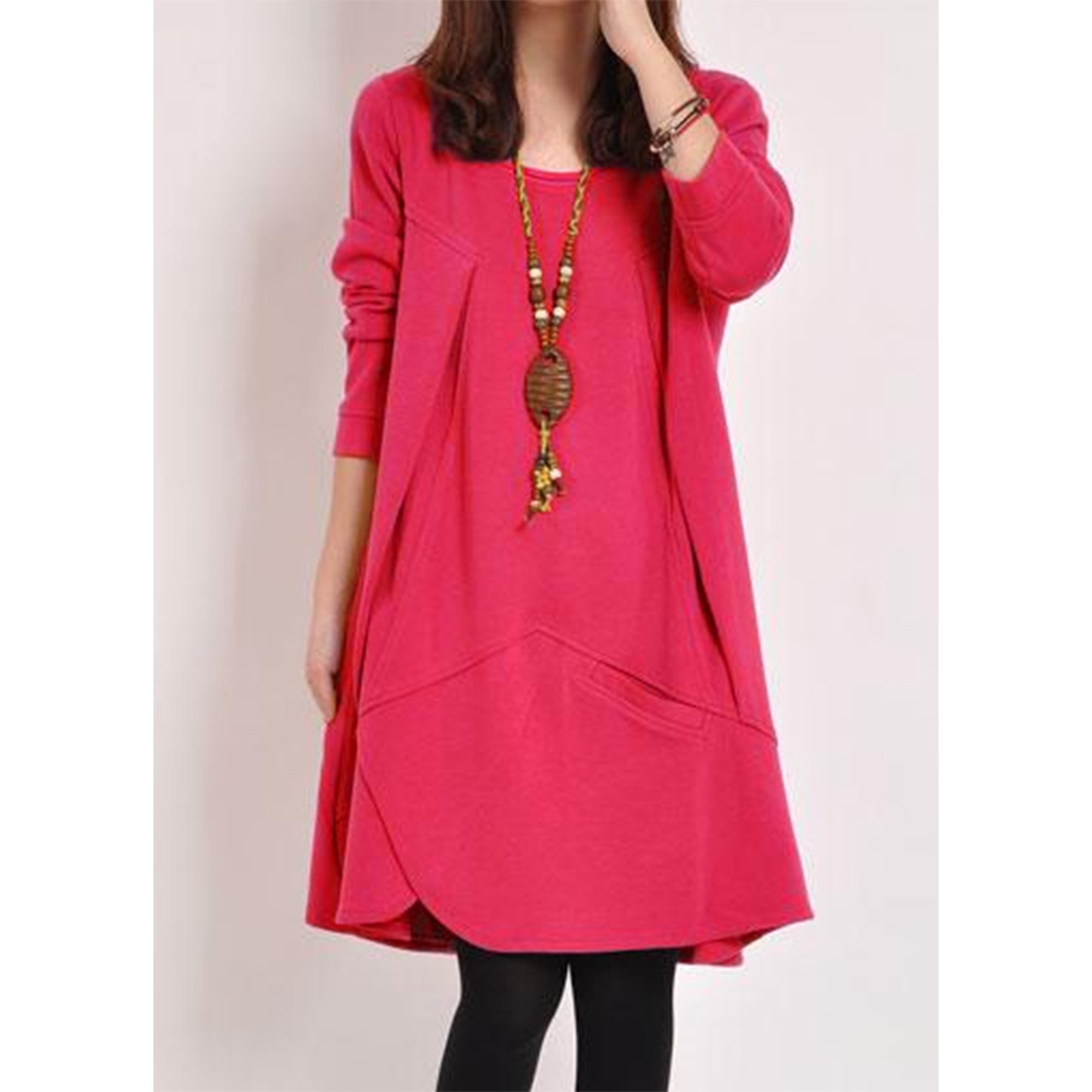 Vintage Ethnic Women Loose Dress Solid Pocket Drape Irregular Round Neck Long Sleeve Casual One Piece Walmart Canada