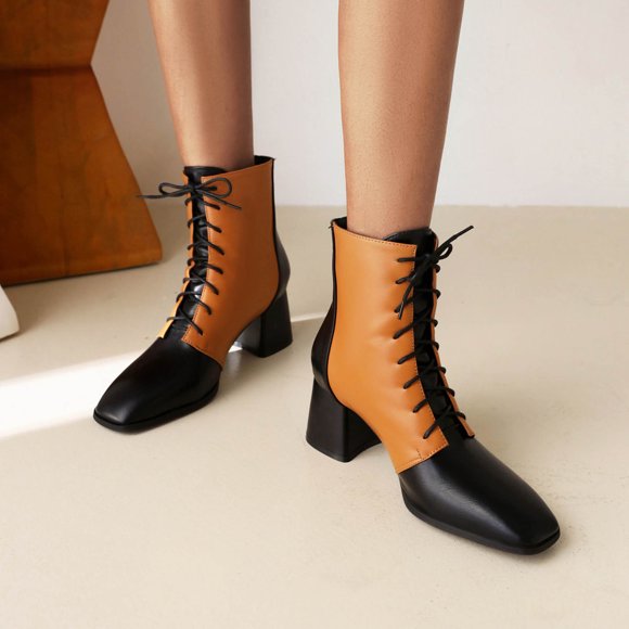 QTBIUQ Thick-heeled Short Boots Lace-up Women's Shoes For Autumn And Winter New Color Matching Mid-heel Small Square Toe