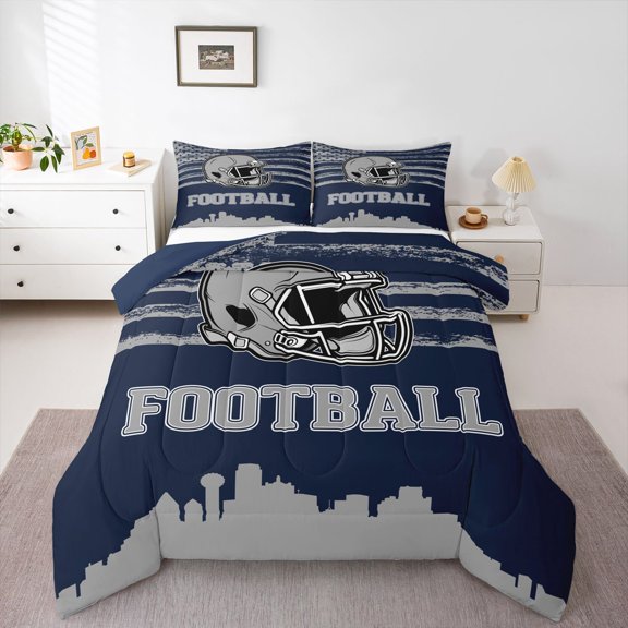 Erosebridal Rugby Helemet Bedding Sets Twin with Comforter,Football City Silhouette Duvet Insert,Blue Gray Comforter Sets Twin Size,Super Cozy Room Decor Reversible,2pcs