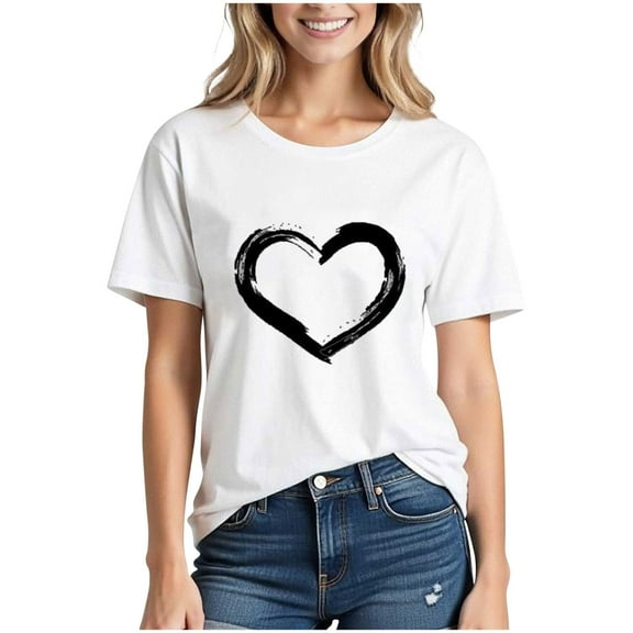 Zunfeo Cotton Tops for Women Casual Short Sleeve Summer Tops Cute Love Heart Graphic T Shirts Valentine's Day Gift White L