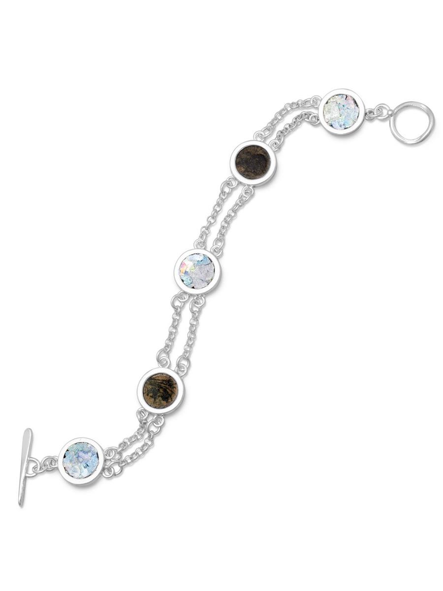Ancient Roman Glass Bracelet with Genuine Roman Bronze Coins Sterling