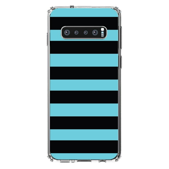 DistinctInk Clear Shockproof Hybrid Case for Samsung Galaxy S10  PLUS(6.4" Screen) - TPU Bumper, Acrylic Back, Tempered Glass Screen Protector - Black & Cyan Bold Horizontal Stripes