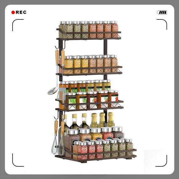 Auledio 4 Tier Spice Jar Rack Adjustable Freestanding Spice Shelf Storage Rack with Hooks, Bronze
