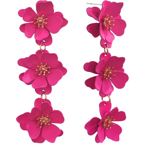 shiyou-Elegant Bohemian Matte Tiered Triple Flower Dangle Drop Earrings Chic Charm Cute Long Floral Stud Earrings for Women Girls Statement Jewelry Gifts