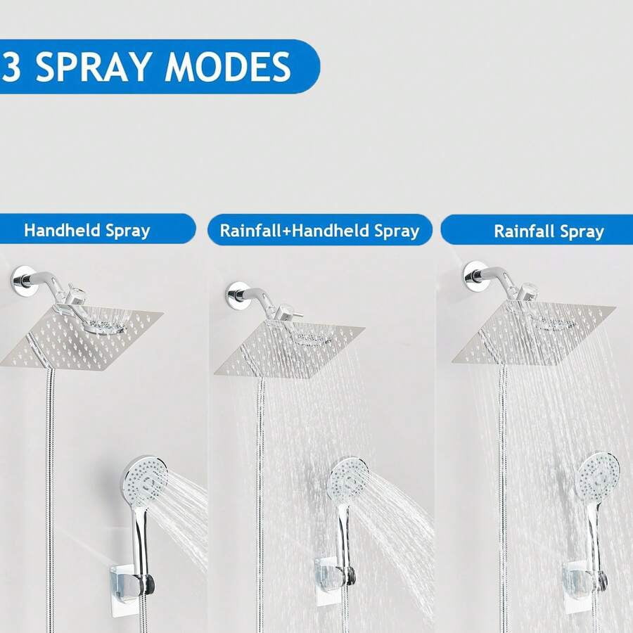 Shower Head Combo,8/10/12" Rain Square Shower Head  With 9 Inch Adjustable Extension Arm And 3 Settings Handheld Spray,150cm Long Hose