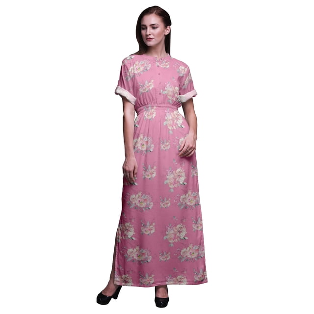 Bimba Rayon Rose & Ranunculus Floral Womens Printed Side Slit SummerDressLong Maxi Gown-Small