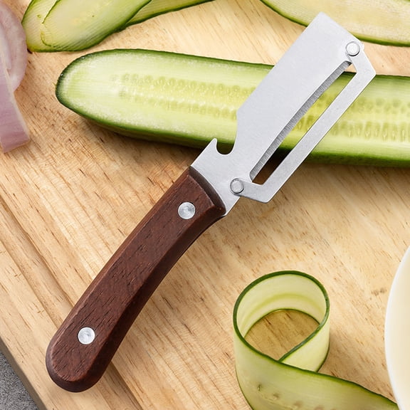 7inch Multifunctional Vegetable Peeler with Wooden Handle,2-in-1 Stainless Steel Blade Kitchen Tool for Fruit Apple Potato Pumpkin Papaya Carrot(Dark Brown)