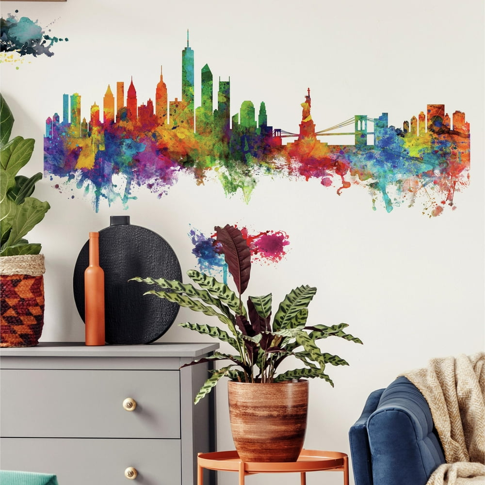 RoomMates New York City Watercolor Skyline Peel and Stick Giant Wall