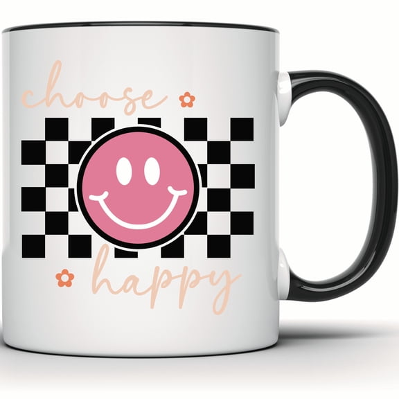 Choose Happy Smiley Face Mug, Positive Vibes Coffee Mug, Aesthetic Checkered Flower Design, Cute Happy Mug - 11 Ounce Black Rim Handle Novelty Coffee Cup - WMUG1430-BLK