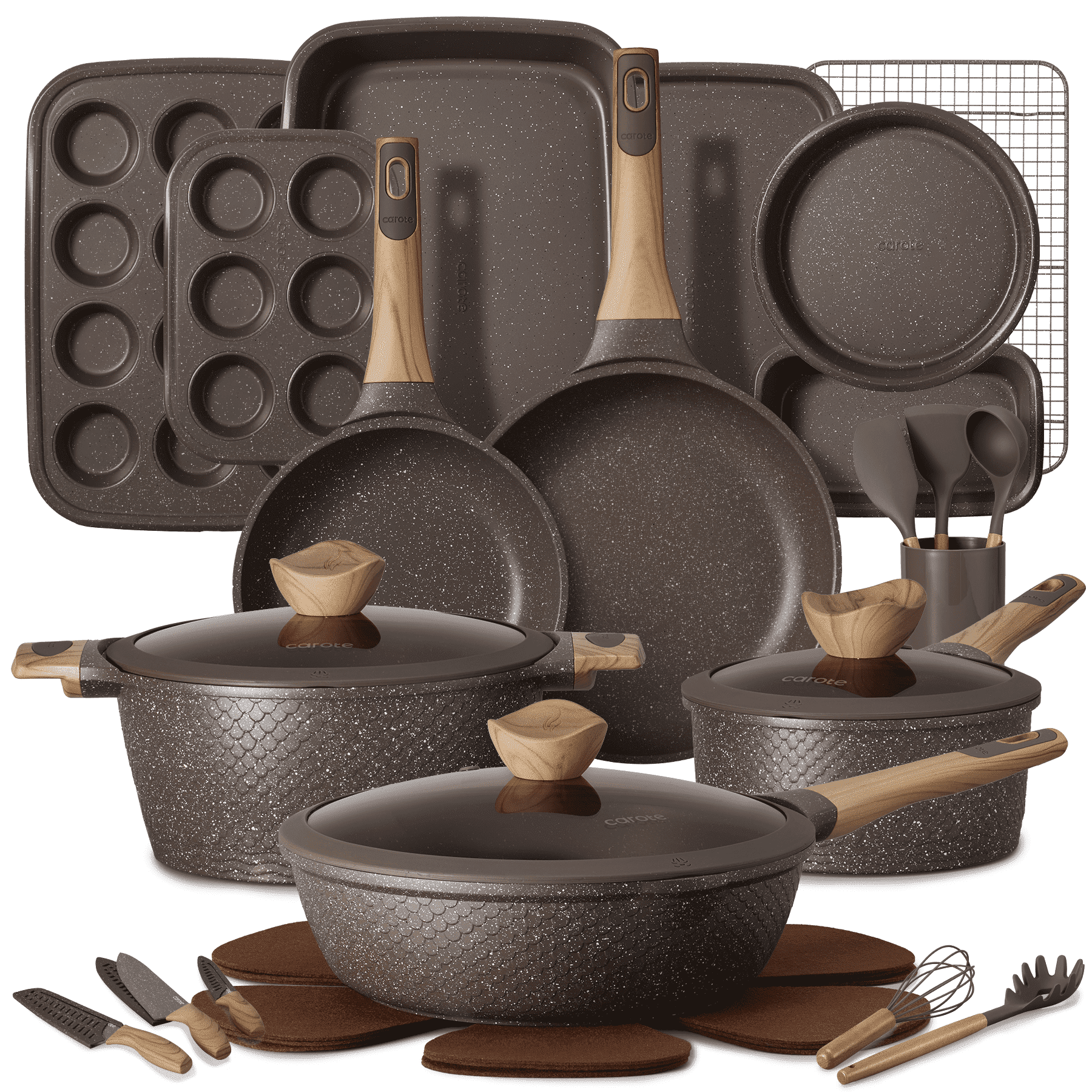 CAROTE 32-Piece Nonstick Pots and Pans, Granite Cookware Set with Bakeware & Knives, Brown