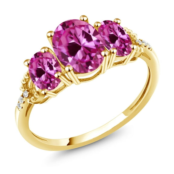 Gem Stone King 2.69 Cttw Oval Pink Created Sapphire and Diamond Accent 10K Yellow Gold Engagement Ring for Women | Gemstone Birthstone | Oval 8X6MM and 6X4MM (Size 7)