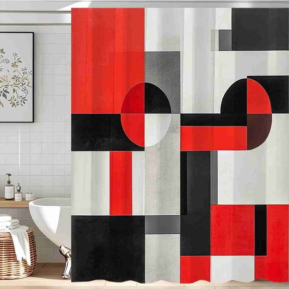 70x70 inch Red Black and White Geometric Abstract Shower Curtain, Waterproof Polyester Fabric with Hooks for Bathroom Decor