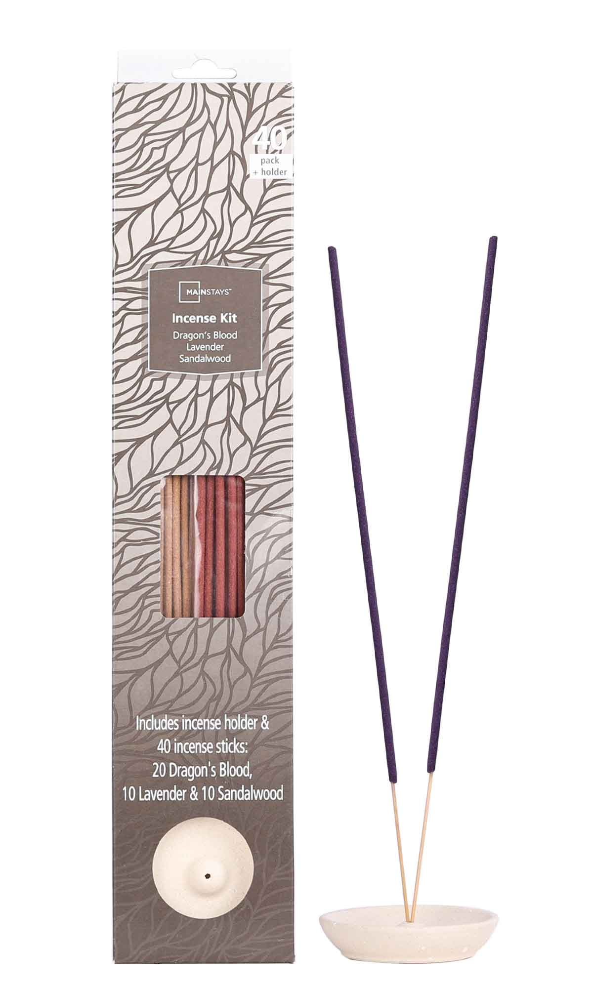 Mainstays Incense Kit, Dragon's Blood, Lavender, Sandalwood Fragrances (Light Brown), 40 Pack with Holder