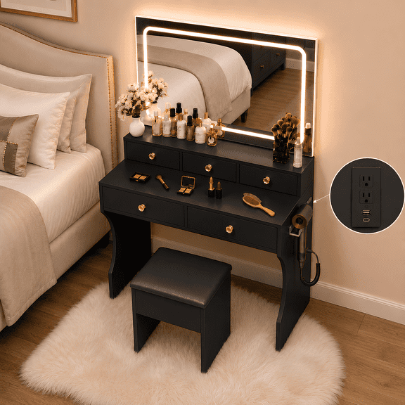 CLOUDREST PRO Black Vanity Desk Set with Mirror, Makeup Vanity with LED Lights & 3 Color Modes, Adjustable Brightness, Built-in Power Strip, 5 Drawers, Crystal Knobs, Dressing Table for Women Girls