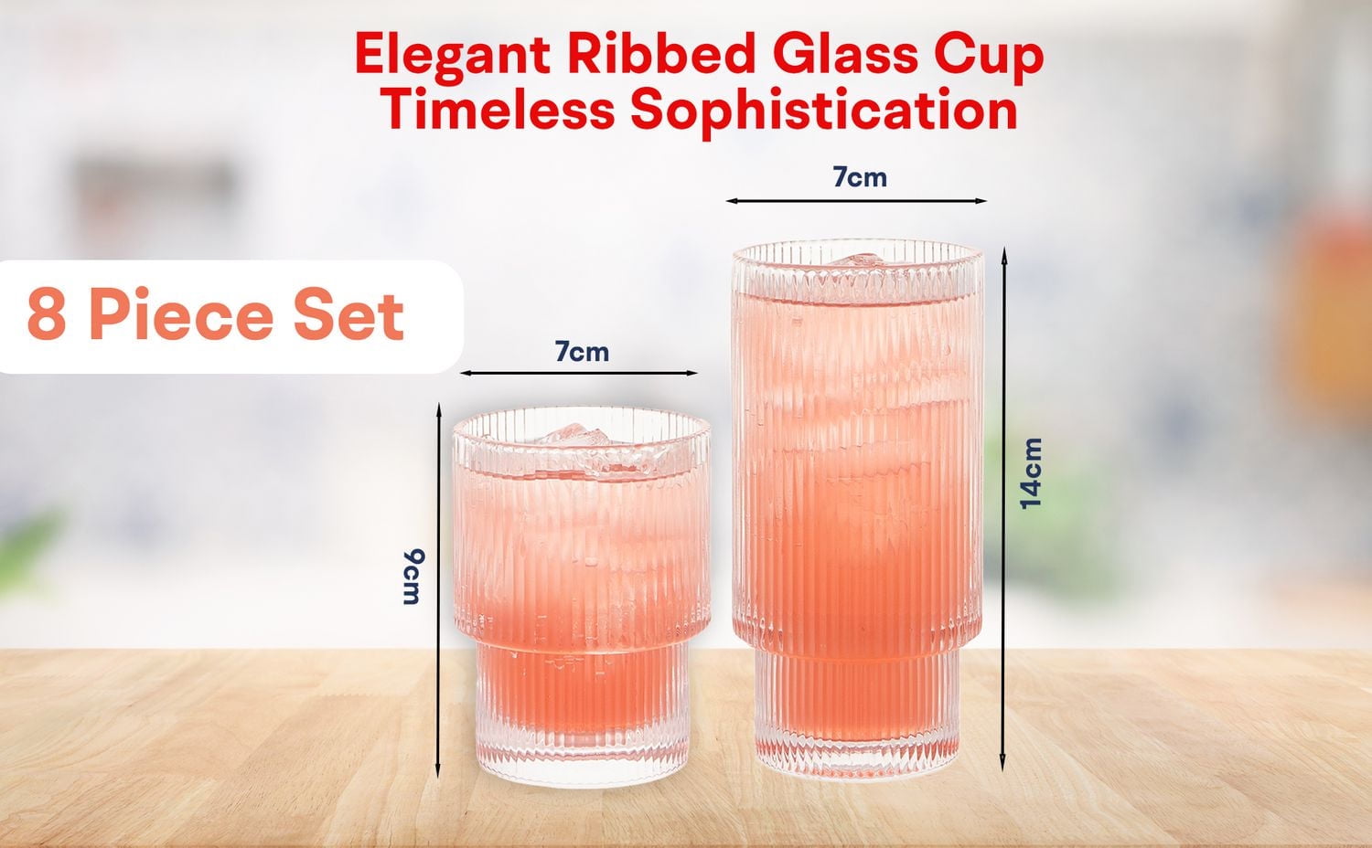 Ridge Stackable Ribbed Glasses Set of 8 – 4 Tall Tumblers (325ml) & 4 Short Tumblers (185ml) – Space-Saving, Modern, Dishwasher Safe Drinkware