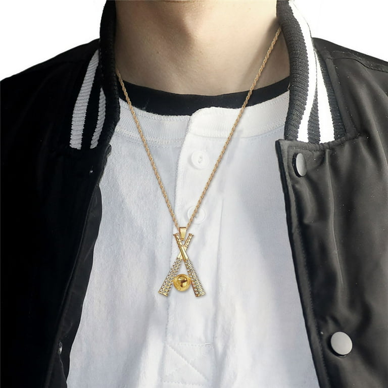 Baseball Bat Full Gold Plated Necklace Stainless Steel Baseball