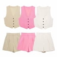 thumbnail image 2 of HH TRAF Conjunto de 2 piezas de moda para mujer, camiseta sin mangas con escote en V y un solo pecho + minipantalones cortos elegantes con cintura alta y bolsillo trasero con cremallera, 2 of 5