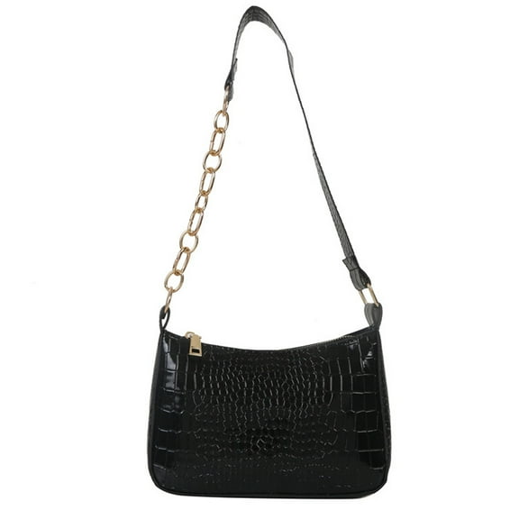 French retro crocodile pattern chain underarm bag new artificial leather shoulder crossbody bag-black