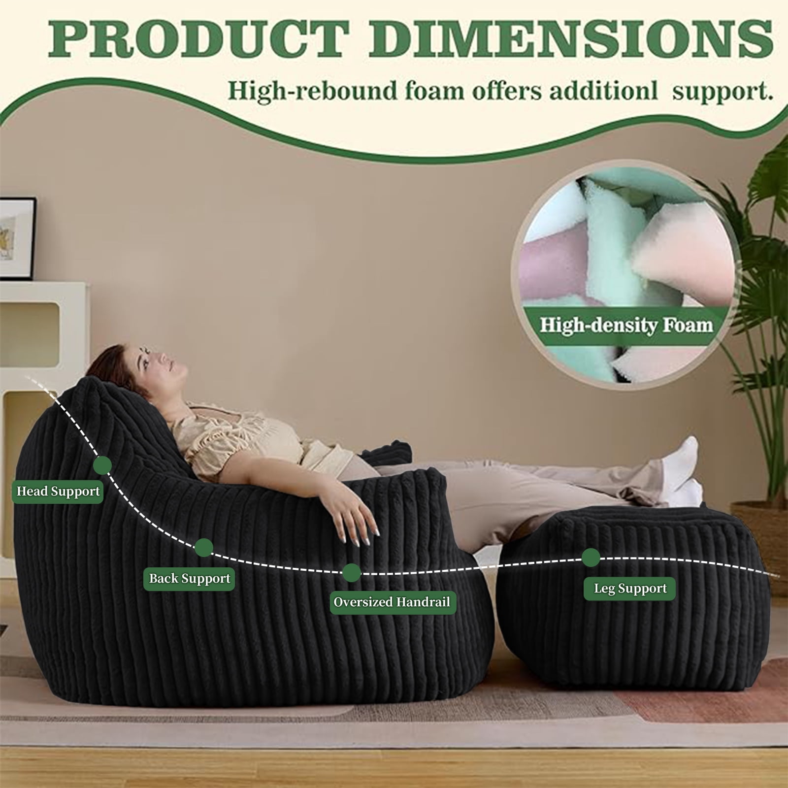Sofa Chair with Ottoman, 5-Zone Ergonomic Support Suede Chair, High-Rebound Foam and Wide Armrests, Compact Boxed Delivery for Small Apartments, Black