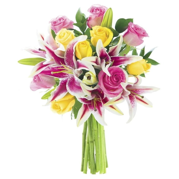 KaBloom : 5 Pink Roses, 5 Yellow Roses, 5 Stargazer Lilies, and 5 Israeli Ruscus Greens.