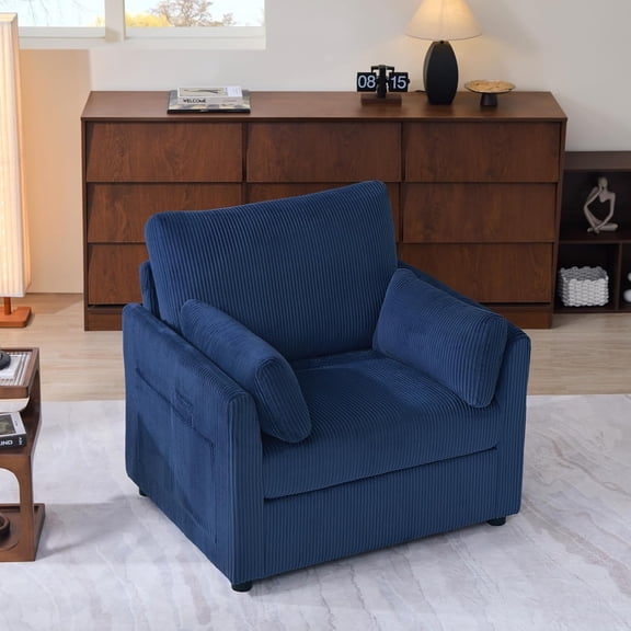 37.75" Corduroy Accent Chair, Modern Upholstered Armchair with Side Storage Pockets & 2 Pillows, Comfy Oversized Single Sofa for Living Room, Blue