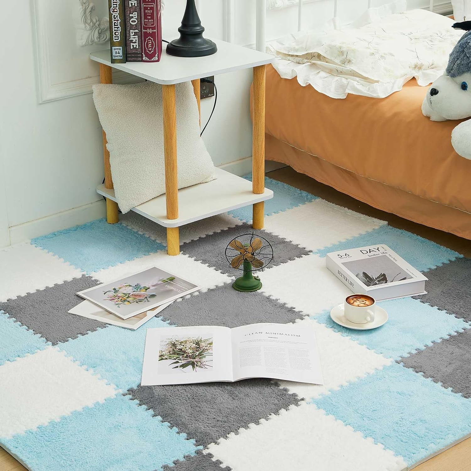 36 Pack Plush Foam Floor Mat Square Interlocking Carpet Tiles with Border Fluffy Play Mat Floor Tiles Soft Climbing Rugs for Bedroom Playroom, 12 x 12 x 0.4 in(White, Mint Green)