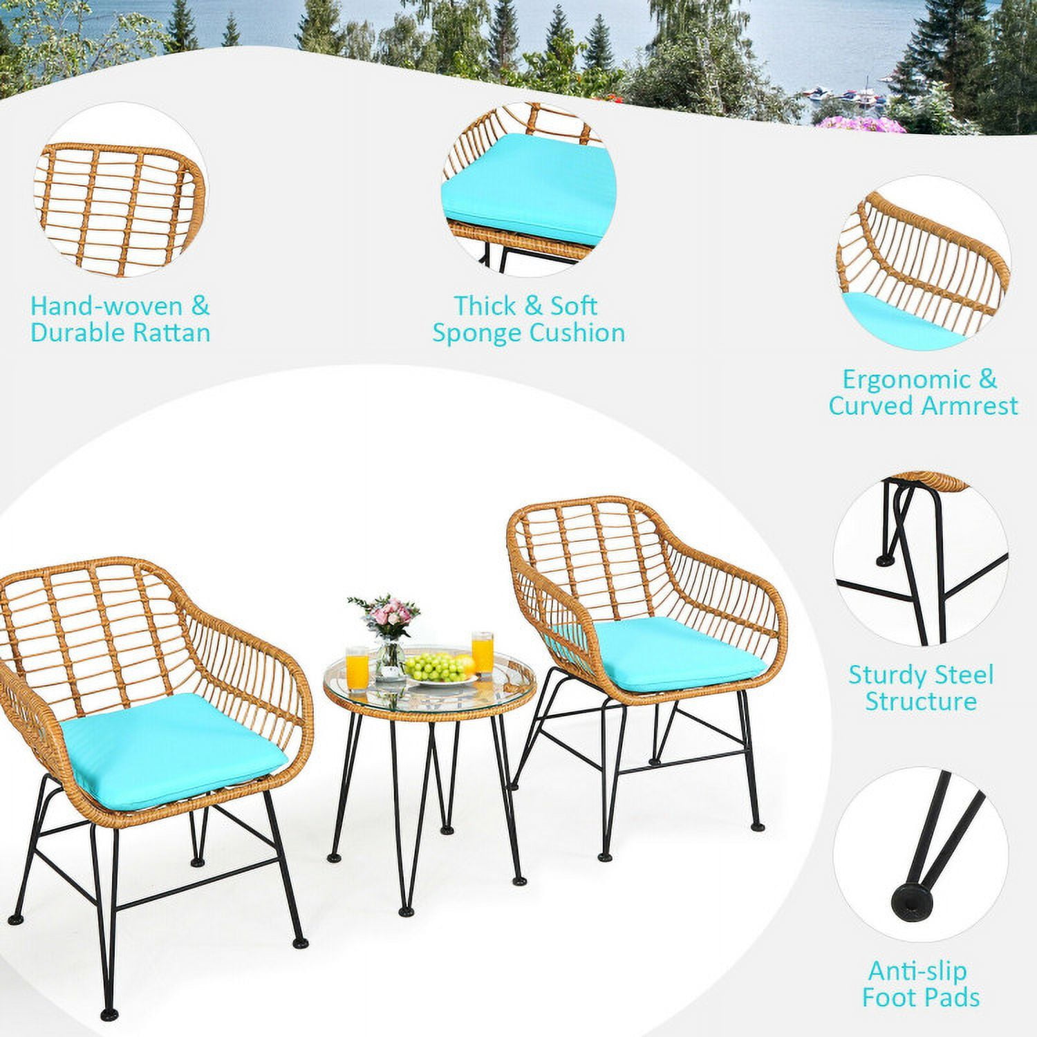 Aimee Lii 3 Pieces Rattan Furniture Set with Cushioned Chair Table, Outdoor Patio Furniture, Turquoise Aimee Lii 3 Pieces Rattan Furniture Set with Cushioned Chair Table, Outdoor Patio Furniture, Turquoise