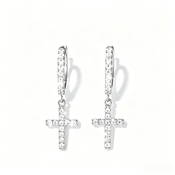 KIJ Hypoallergenic Cross Moissanite Hoop Dangle Earrings,Rhodium Plated 925 Sterling Silver Cross Earrings Gra Certified Gifts for Men Women