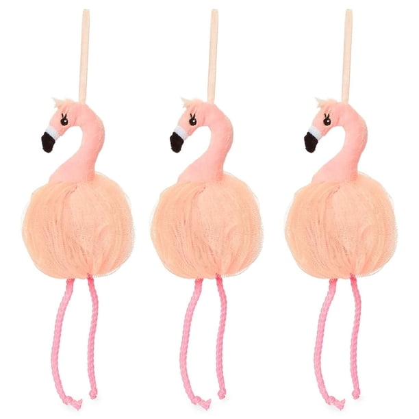 Esponja de baño Pink Flamingo Loofah (3,5 x 11,5 pulgadas, paquete de 3) depurador corporal suave para mujeres de malla grande