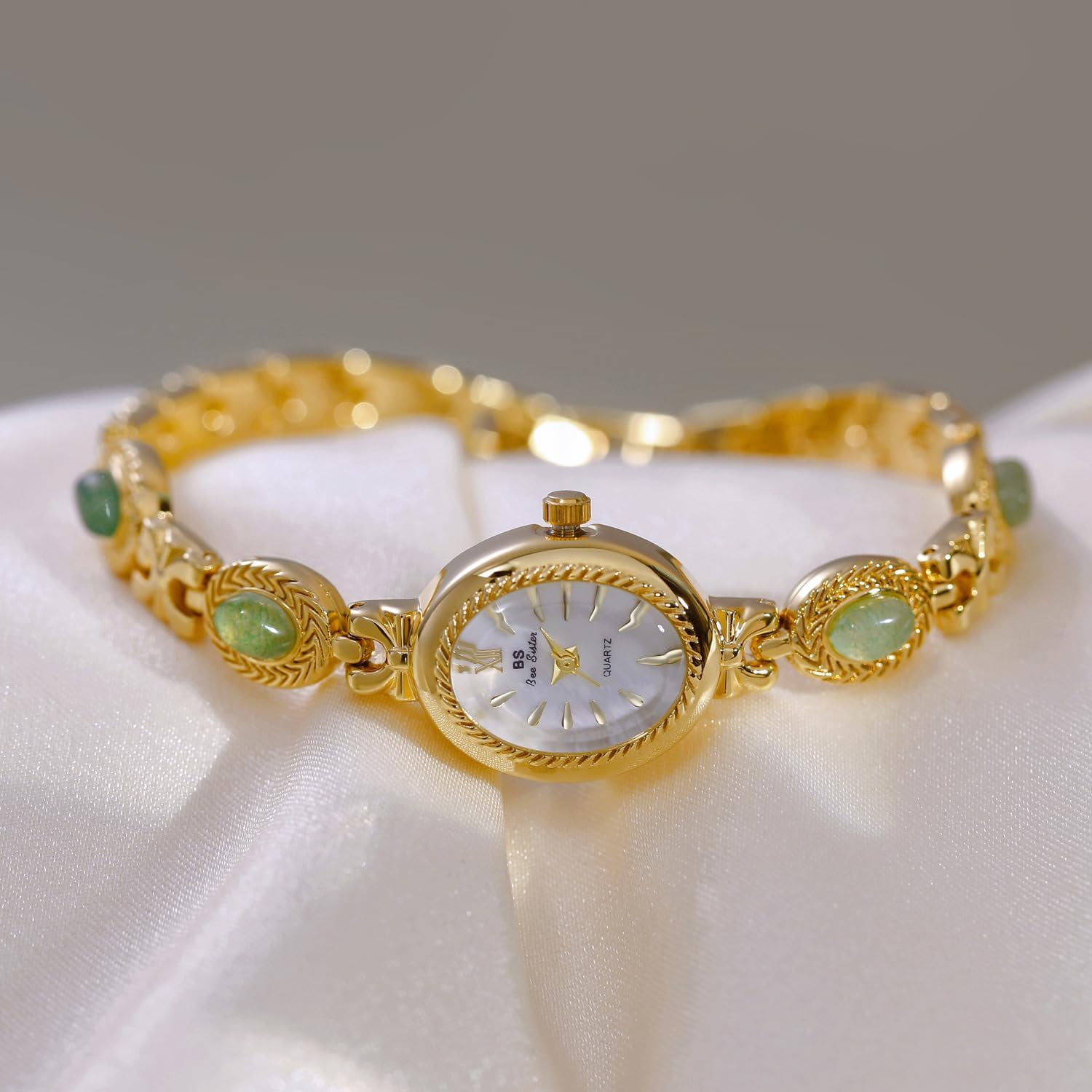 Gold Watches for Women with Small Vintage Bracelet Elegant Jade Oval Dial Dress Watch Fashion Quartz Wrist Watch Waterproof Watch
