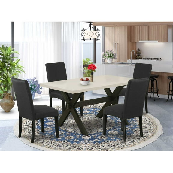 East West Furniture X626DR124-5 5-Pc Dining Table Set- 4 Parson Dining Chairs with Black Linen Fabric Seat and Stylish Chair Back - Rectangular Table Top & Wooden Cross Legs - Linen White and...