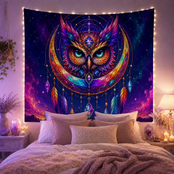 Ornate Owl Within a Crescent Moon Above Mountains, Mystical Boho for Bird Lovers, Celestial Night Art, Housewarming Gift, Tapestry Wall Hanging for Bedroom and Study Room