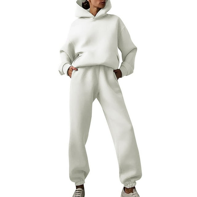 Conjunto de sudadera con capucha y pantalones de color liso para mujer: traje informal de manga larga gruesa con cuello con cordón, mezcla de poliéster y algodón