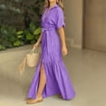 thumbnail image 3 of Xaqiouau Women Solid Color V Neck Short Sleeve Wrap Maxi Dress Waist Tie Front Slit Elegant Flowy Boho Chic Casual Vacation Daily Summer Dress Purple S, 3 of 5
