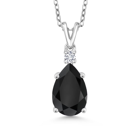 Gem Stone King 2.84 Cttw Black Onyx and White Lab Grown Diamond Pendant Necklace for Women | 925 Sterling Silver | Pear Shape 12X8MM | With 18 inch Silver Chain