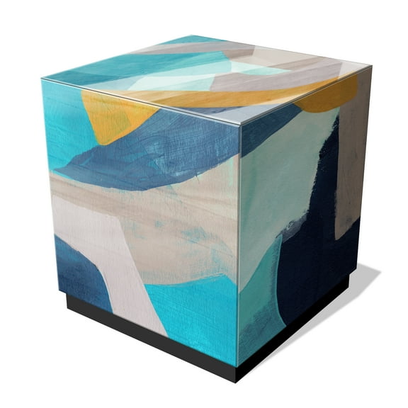 "Puzzle Blues II" by June Erica Vess Reverse Printed Beveled Art Glass Side Table with Black Plinth Base