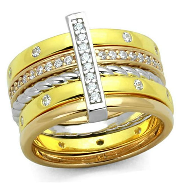 Women Rhodium & Gold & Rose Gold 925 Sterling Silver Ring with AAA Grade CZ in Clear - Size 8